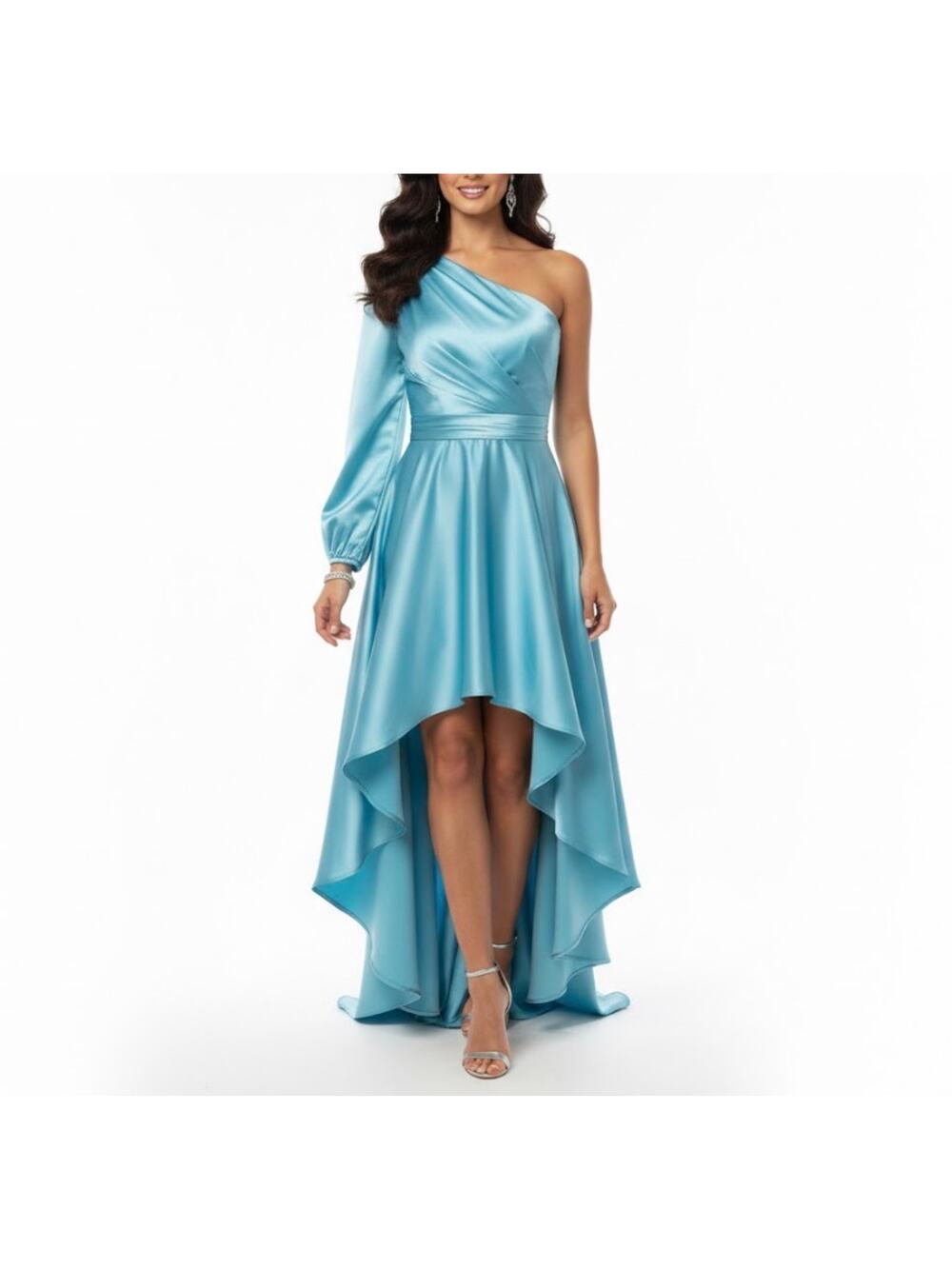 MAC DUGGAL 49141 Blue Evening Gown Satin One Shoulder High Low Dress Size 14